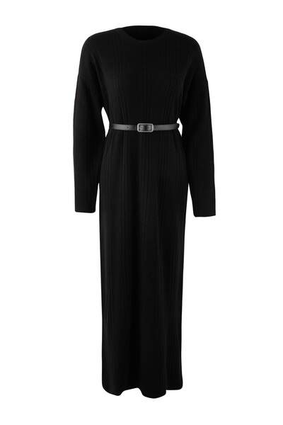 Trendyol Modest Black Belted Unlined Plain Knitwear Ribana/ Ribbed Knit Hijab Dress Tctaw26Eb00056