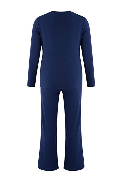 Trendyol Curve Wardrobe Essentials Navy Blue Fitted/Fitted to the Body Corded Fabric Flexible Knitted Bottom-Top Set Tbbaw26Cp00010