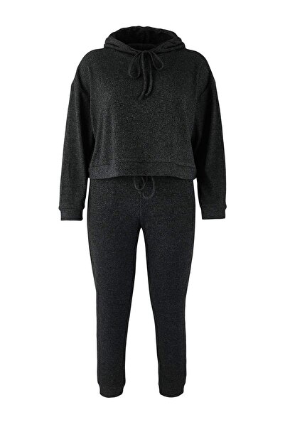 Trendyol Curve Панталони с качулка от мека антрацитна материя с еластични крачоли, комплект спортен екип в големи размери TBBAW26TS00011