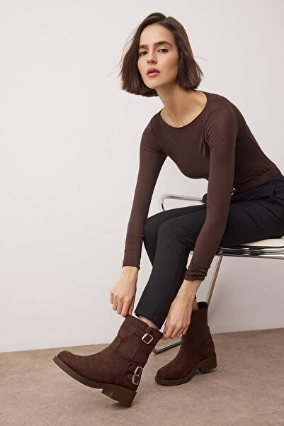 TRENDYOL SHOES Brown Suede Buckle Detail Block Heeled Women's Boots Takaw26Bo00113