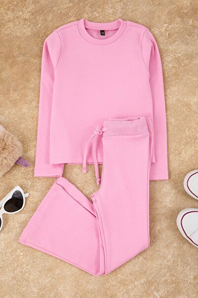 TRENDYOLKIDS Pink Plain Knitted Bottom - Top Set Tkdaw26Au00010