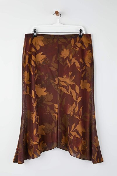 Trendyol Curve Multi-Colored Printed Bodycon Tulle Stretchy Knitted Plus Size Skirt Tbbaw26Az00057