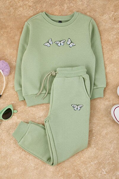 TRENDYOLKIDS Mint Printed Crew Neck Regular Girl's Knitted Bottom - Top Set Tkdaw26Au00045