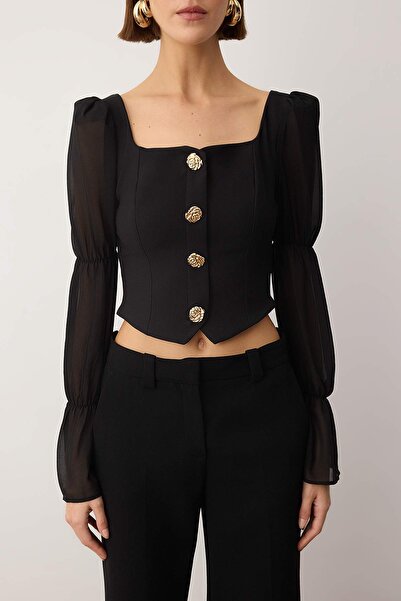 Trendyol Collection Black Square Neck Balloon Sleeve Button Detail Woven Blouse Tpraw26Bz00058