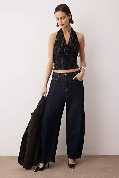 Trendyol Collection Black Degaje Collar Fringed Sequin Party Blouse Tpraw26Bz00064