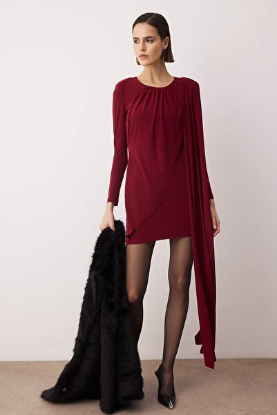 Trendyol Collection Limited Edition Dark Burgundy Plain Knitted Short / Mini Dress Tpraw26El00037