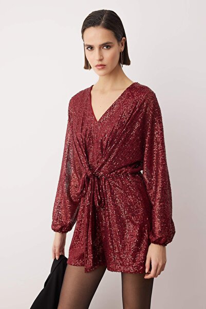 Trendyol Collection Burgundy Plain Double-Breasted Long Shimmering Knitted Sequin Stylish/Evening Jumpsuit Tprss25Tu00001