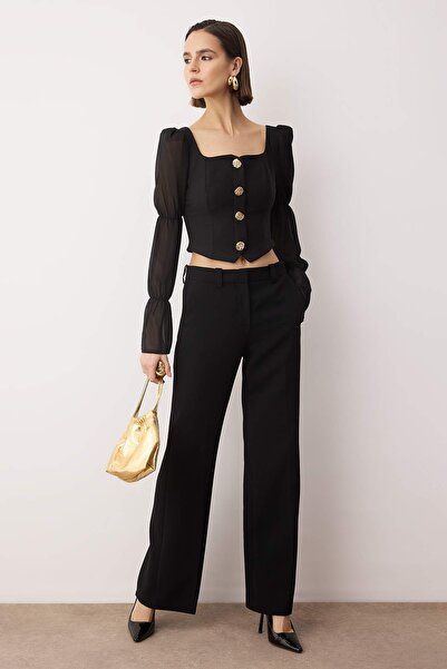 Trendyol Collection Black Square Neck Balloon Sleeve Button Detail Woven Blouse Tpraw26Bz00058