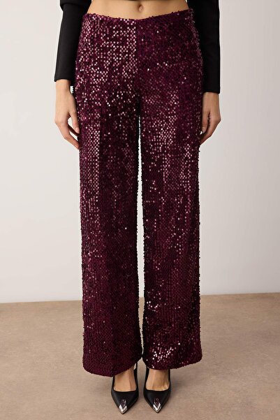 Trendyol Collection Plum Wide Leg /Wide Leg Knitted Sequin Stylish/Evening Pants Tpraw26Pl00005