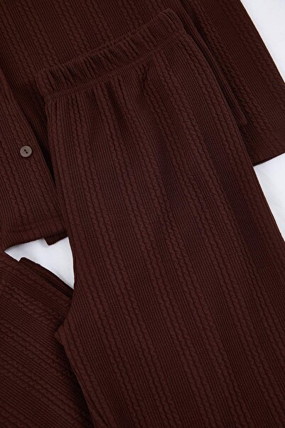 Trendyol Collection Καφέ ίσιο σετ πιτζάμες πλέξη ριμπ πλεκτό THMAW25PT00206