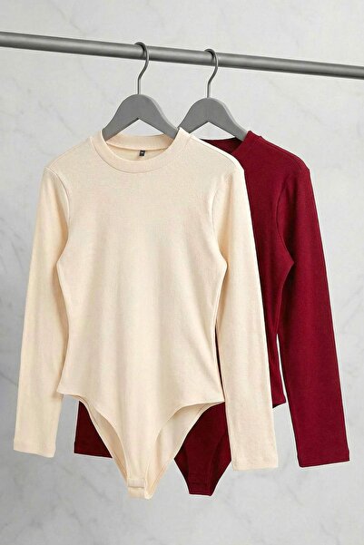 Trendyol Curve Bordaux-Stein 2er-Pack Slim Snap-Fit Stehkragen-Rippstrick-Elastischer Strickbody TBBAW26CS00012