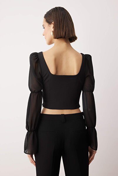 Trendyol Collection Black Square Neck Balloon Sleeve Button Detail Woven Blouse Tpraw26Bz00058