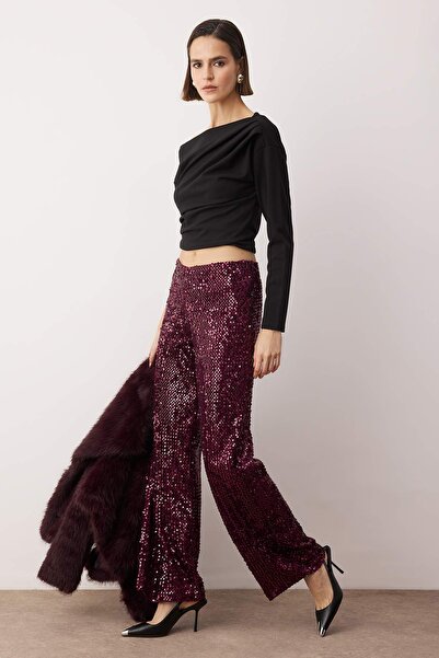 Trendyol Collection Plum Wide Leg /Wide Leg Knitted Sequin Stylish/Evening Pants Tpraw26Pl00005