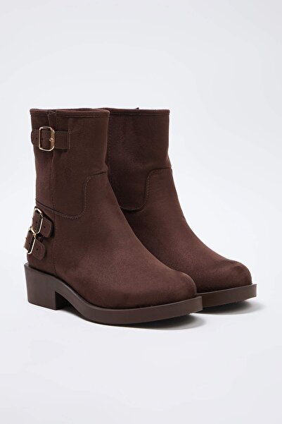 TRENDYOL SHOES Brown Suede Buckle Detail Block Heeled Women's Boots Takaw26Bo00113