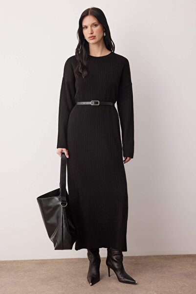 Trendyol Modest Black Belted Knitwear Ribana/ Ribbed Knit Dress Tctaw26Eb00056