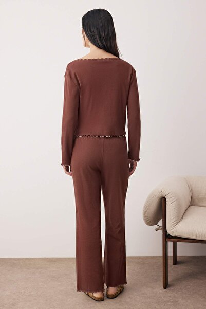 Trendyol Collection Кафяв памучен комплект пижама с дантела и панделка/фигурка THMAW25PT00206