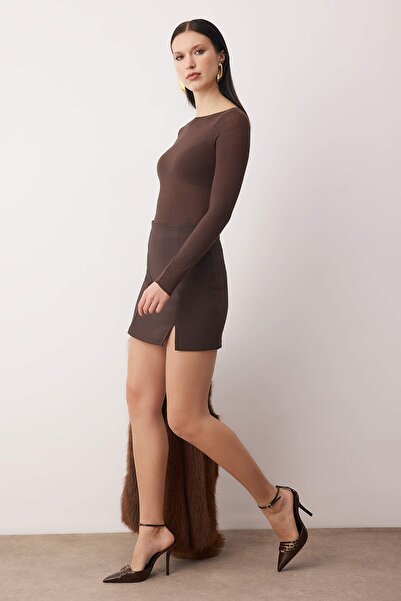 Trendyol Collection Brown Plain Short / Mini Woven Finike Stylish/Evening Skirt Tpraw23Et00014