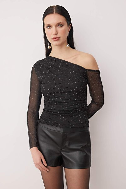 Trendyol Collection Black Glitter Stone Printed Asymmetric Collar Knitted Party Blouse Tpraw26Bz00061
