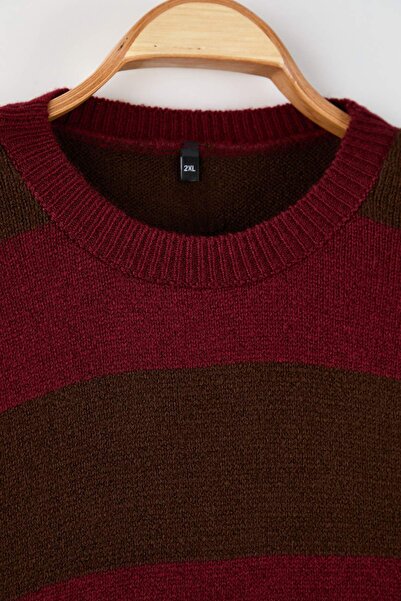 Trendyol Curve Burgundy Striped Crew Neck Knitwear Sweater Tbbaw26An00005