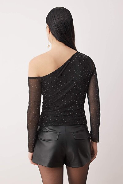 Trendyol Collection Black Glitter Stone Printed Asymmetric Collar Knitted Party Blouse Tpraw26Bz00061