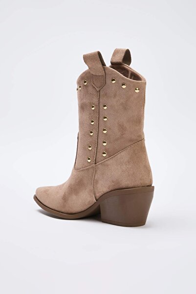 TRENDYOL SHOES Mink Suede Trok Detailed Pointed Toe Block Heeled Women's Boots Takaw26Bo00073
