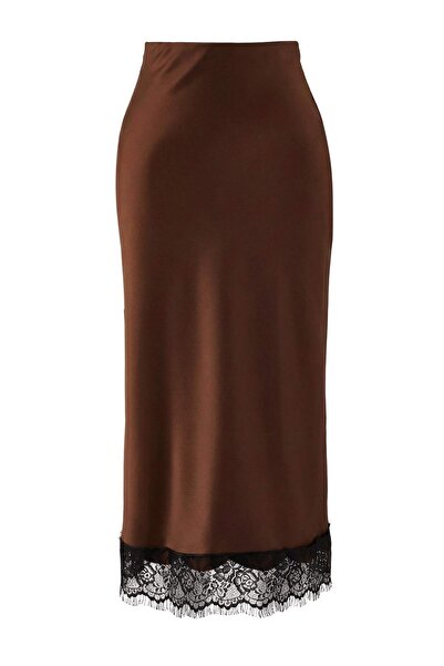 Trendyol Collection Brown Lace Detailed Midi Length Satin Skirt Twoaw26Et00169