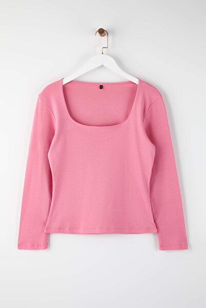 Trendyol Curve Pink Ribbed Knitted Plus Size Blouse