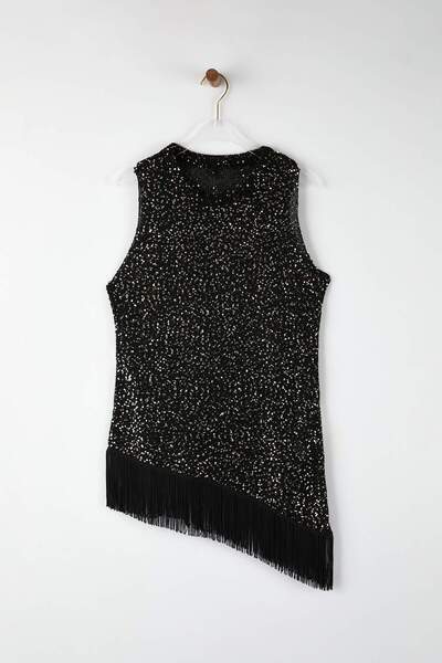 Trendyol Collection Black Sequin Tassel Detailed Knitwear Slim Blouse Twoaw26Bz00359