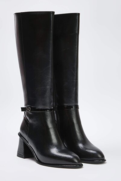 TRENDYOL SHOES Black Wrinkled Skin Faux Leather Women's Block Heeled Premium Boots Takaw26Cz00025