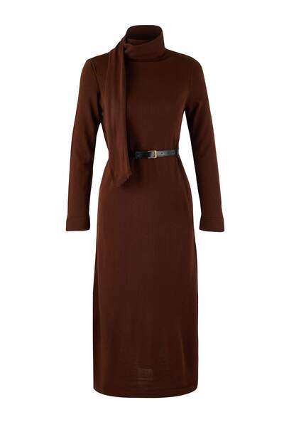 Trendyol Modest Brown Unlined Plain Knitwear Single Plate Hijab Dress Tctaw26Eb00069