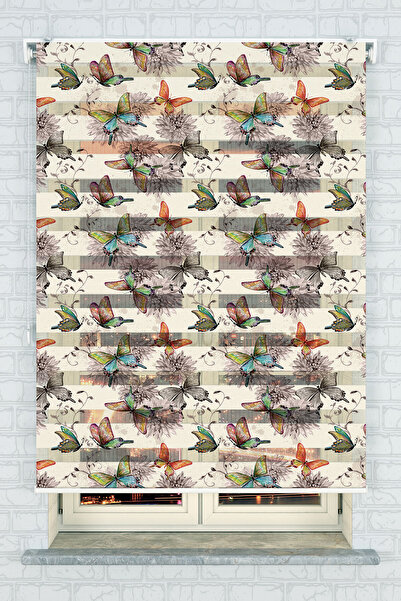 Genel Markalar Mutfak Odası Kurumuş Çiçekler ve Kelebekler Baskılı Zebra Perde