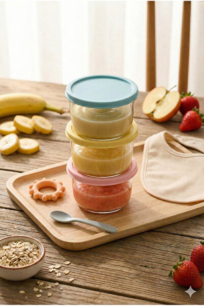 Poomy حاوية طعام أطفال مكونة من 3 قطع - حاوية تخزين ونقل سعة 175 مل × 3 قطع مع غطاء مانع للتسرب