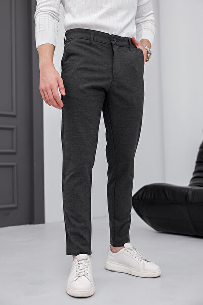 MODAMESTO Ανδρικό παντελόνι εφαρμοστό ανθρακί ελαστικό ύφασμα λινό