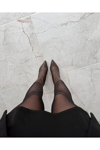 leopar by çetinay Kadın Kahve Streç Deri İnce Topuklu Bot | Lüks Şık Stiletto Bot Modeli