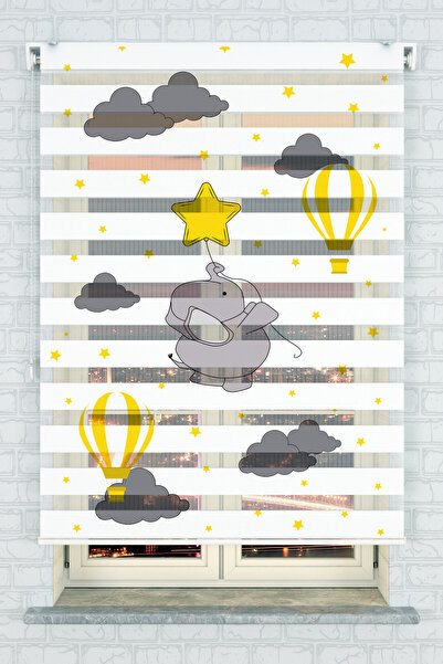 Genel Markalar Çocuk Odası - Sarı Balon Ve Yavru Fil Baskılı Zebra Perde