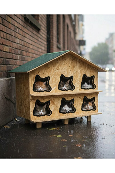 Reyo Kedi Evi Dış Ortam Uygun Ahşap Kedi Evi OSB 100X95X50 cm - CAT27