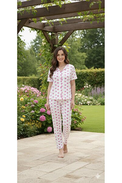 Sude HOMEWEAR Women Knitted Fabric Pink Heart Pattern Short Sleeve Pajama Set