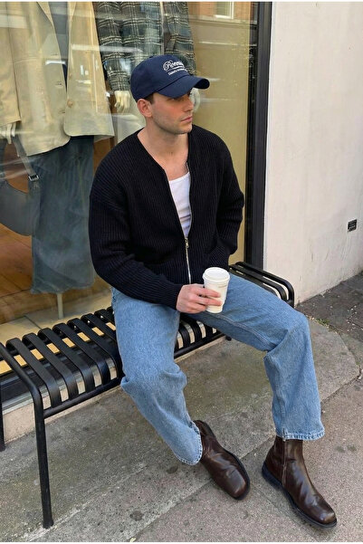 MADZEYMODA Premium Men's Zippered Black Knitwear Cardigan Ls-62003