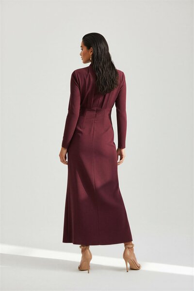Setre Бордовий плаття з драпіруванням на комірі, з поясом на талії, повний крій, довгі рукави
