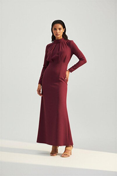 Setre Бордовий плаття з драпіруванням на комірі, з поясом на талії, повний крій, довгі рукави