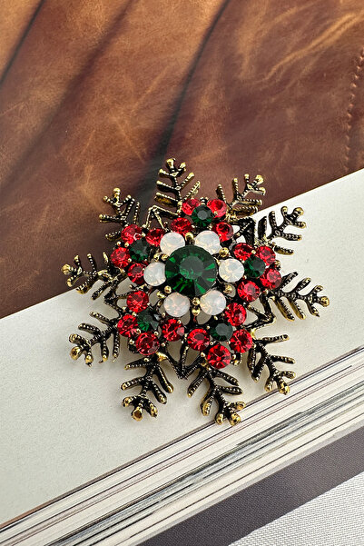 Modex Yılbaşı Özel Taşlı Altın Rengi Kar Tanesi Broş (4cm)