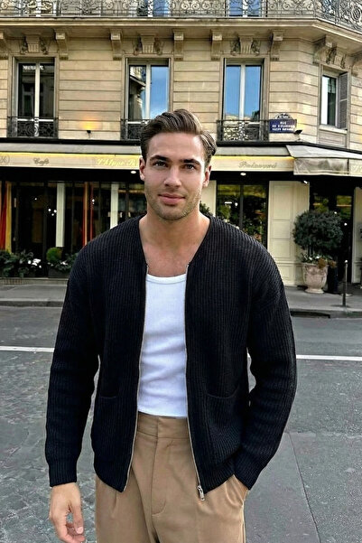 MADZEYMODA Premium Men's Zippered Black Knitwear Cardigan Ls-62003