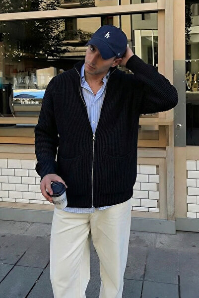 MADZEYMODA Premium Men's Zippered Black Knitwear Cardigan Ls-62003