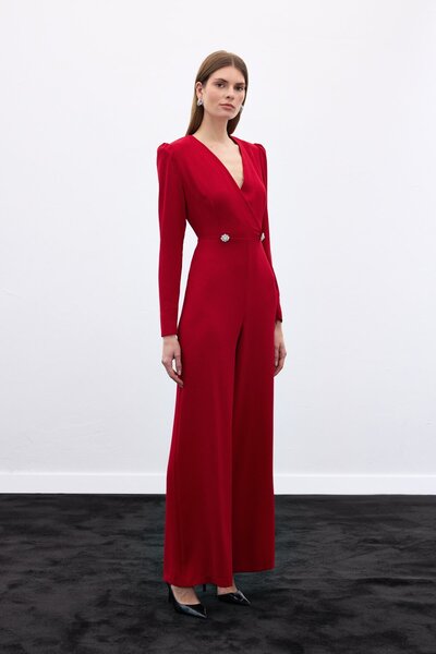 Sateen Κόκκινη φόρμα κρεπ με διπλό στήθος διακοσμητική πέτρα με λεπτομέρειες