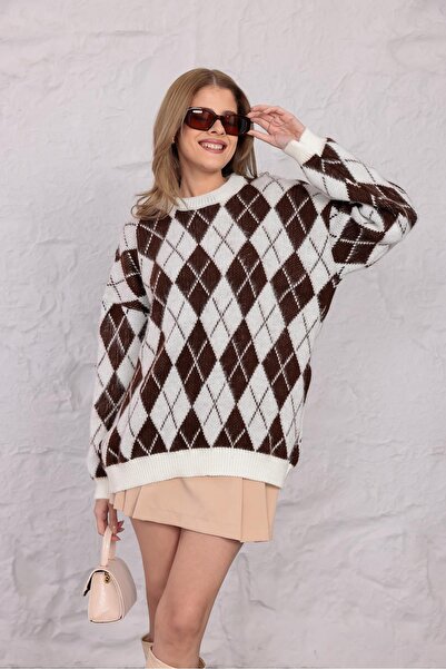 Pafi Moda Пуловер от вълна с аргилски баклава мотив, кремаво-кафе