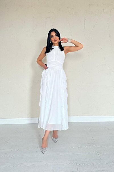 By Sevilen Collection White Ruffled Dress with Shirred Front