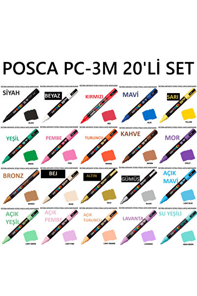 Uni Posca Marker Pc-3m 0.9-1.3 mm Boyama Markörü 20'li Set