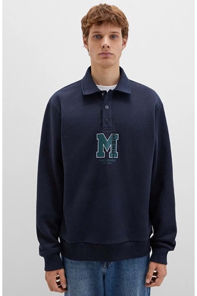 Mavi 0S10494-70490 m Logo Printed Half Button Collar Sweatshirt Dark Blue