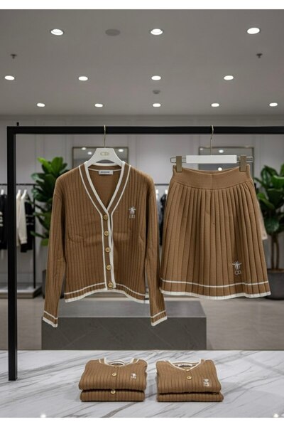 YusGos Women's Striped Knitwear Cardigan Pleated Mini Skirt College Top and Bottom Set Milk Coffee