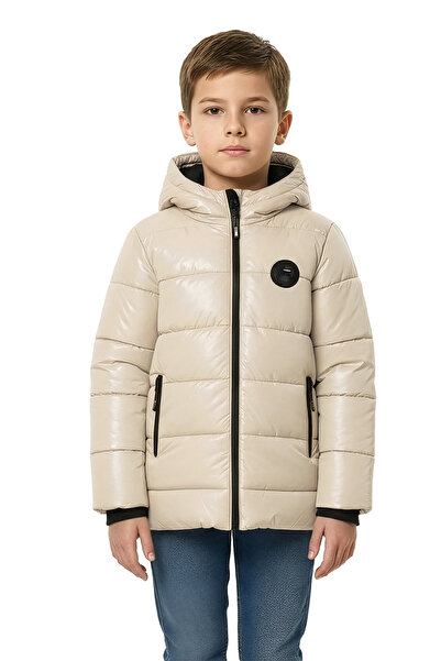 QAWWA Erkek Çocuk Bej Kapüşonlu İçi Siyah Kürklü Kuş Elyaflı Hafif Su Ve Rüzg...